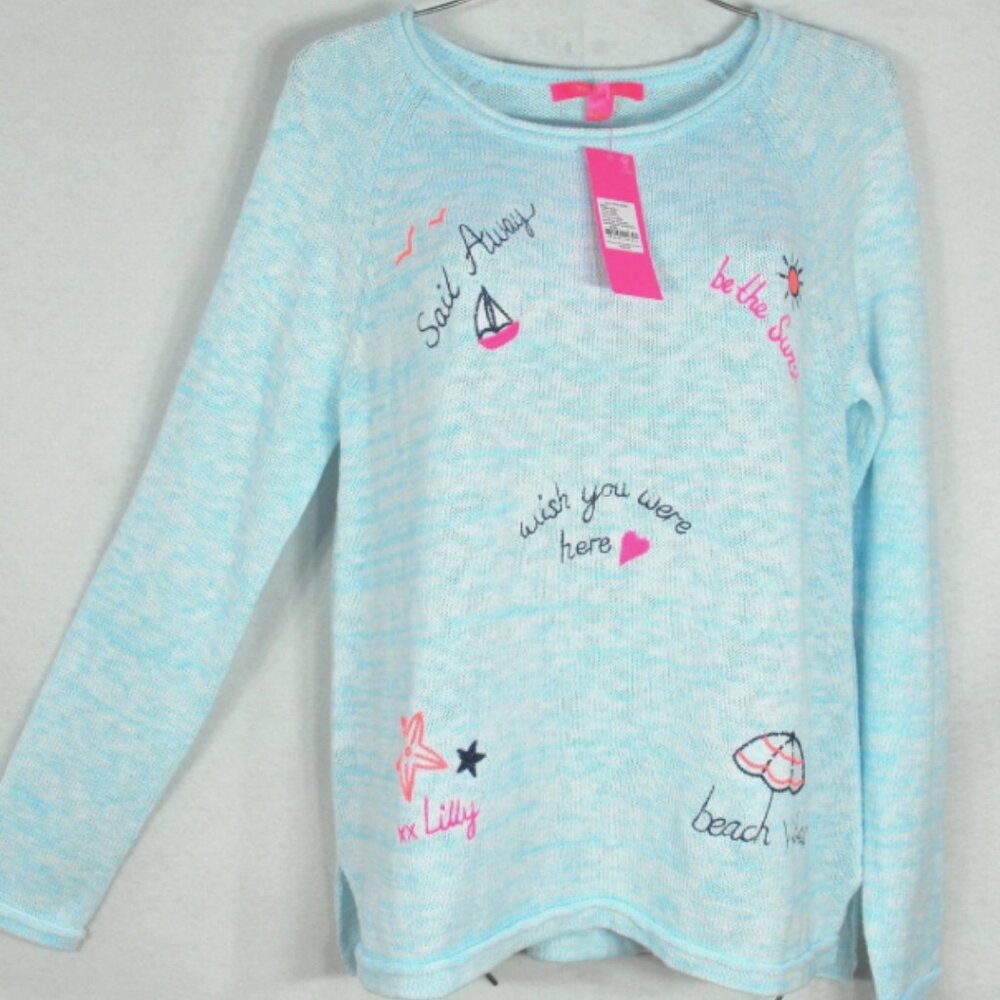 Lilly Pulitzer Women's Danette Sweater M Sailabration Embroidery Blue Top - Picture 7 of 9